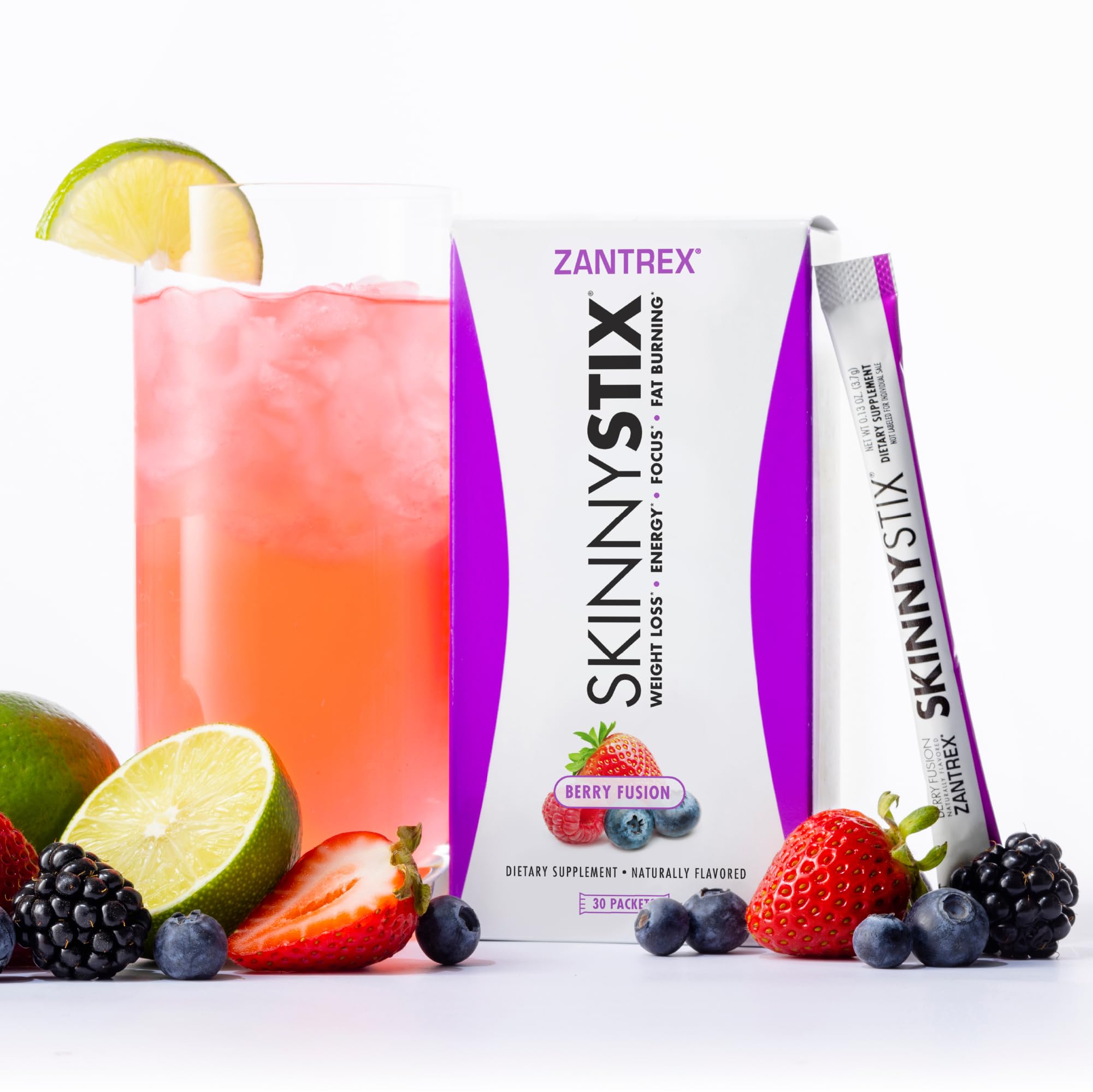 Zantrex SkinnyStix Berry packaging and scoop for easy measuring.