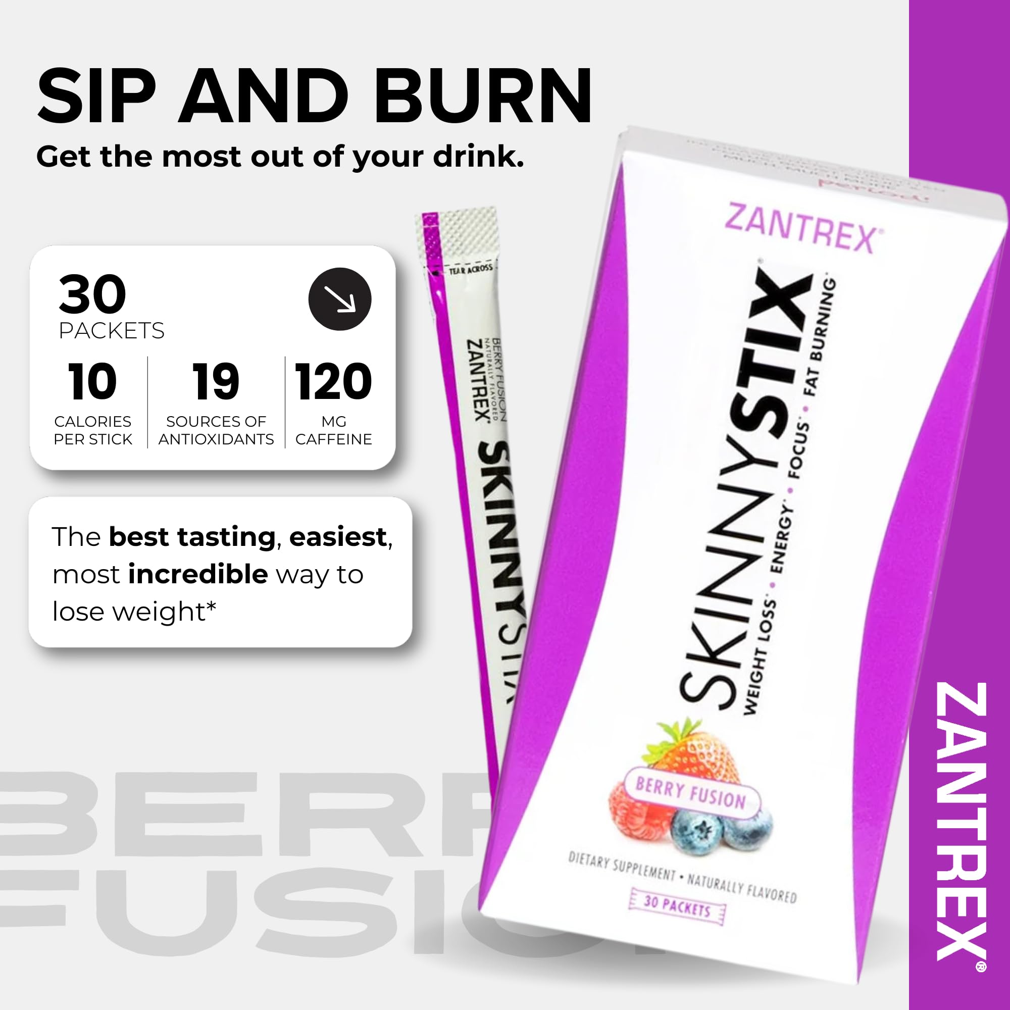 Zantrex SkinnyStix Berry sachet opened ready to mix and drink.