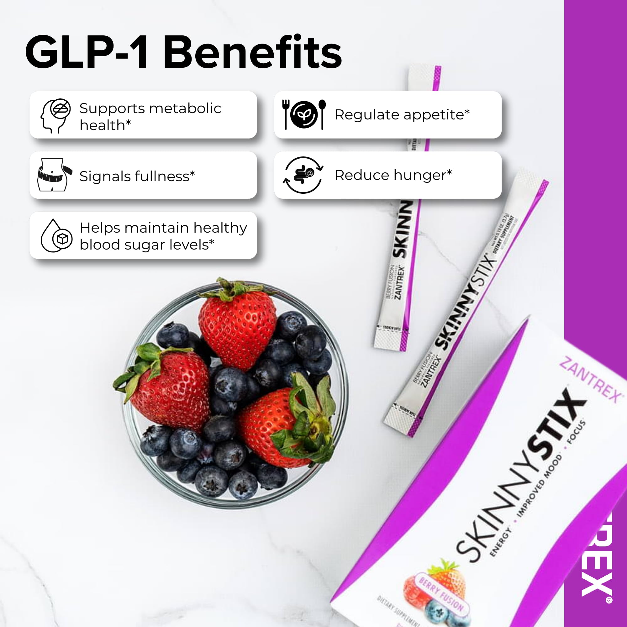 Zantrex SkinnyStix Berry powder stirred in a glass for an energizing sip.