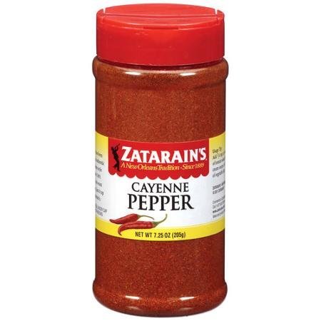 Zatarain's Cayenne Pepper powder jar adds heat and color to Cajun and Creole dishes.