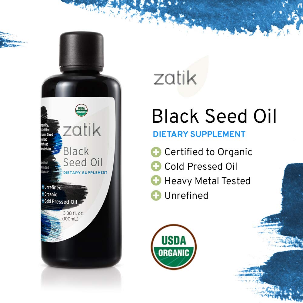 Zatik Black Seed Oil label closeup; shows organic, cold-pressed quality.