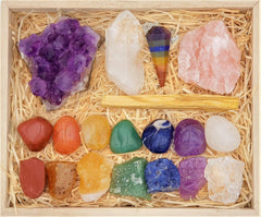 Kit ZATNY con piedras de curación dentro de una caja de madera para meditaciones y equilibrio.