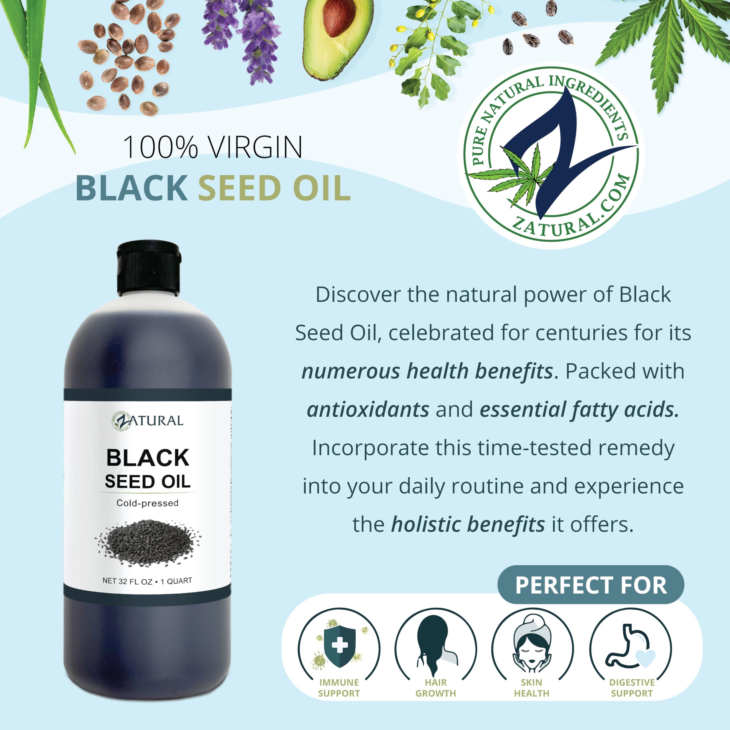Zatural Black Seed Oil amber bottle highlighting storage-friendly packaging.