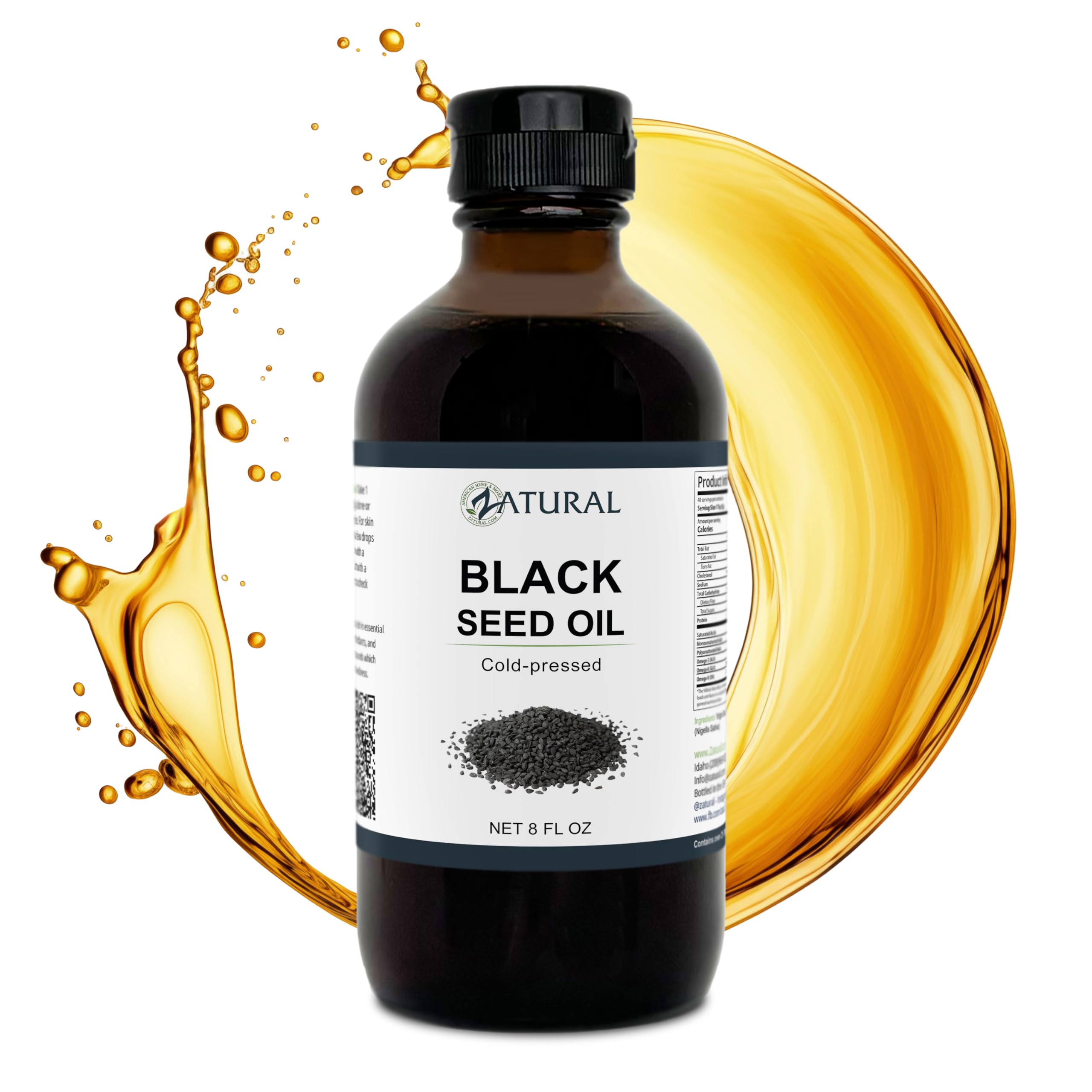 Zatural black seed oil bottle in amber glass, ideal for daily wellness use.
