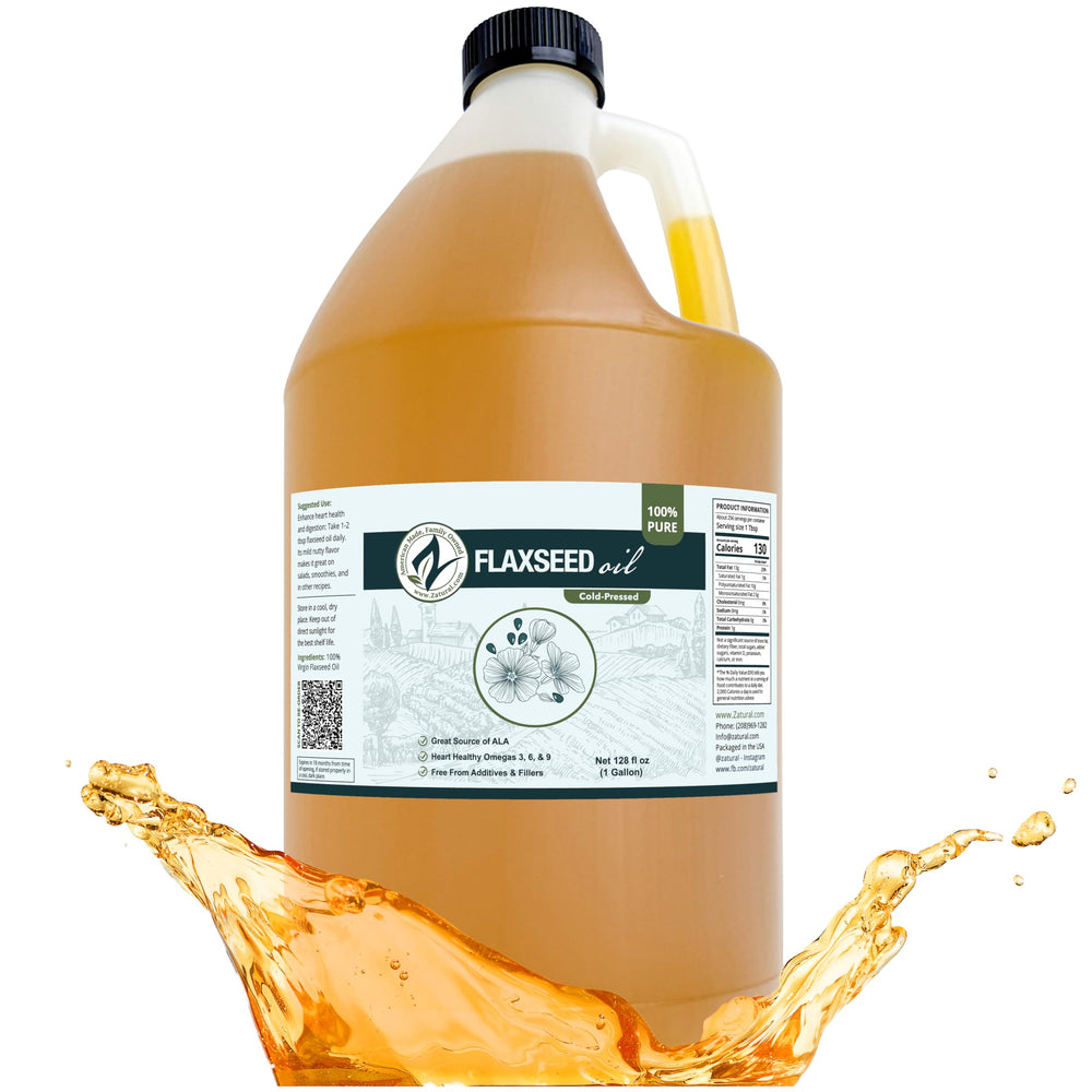 Zatural flaxseed oil bottle showing purity and cold-pressed quality for kitchen use.