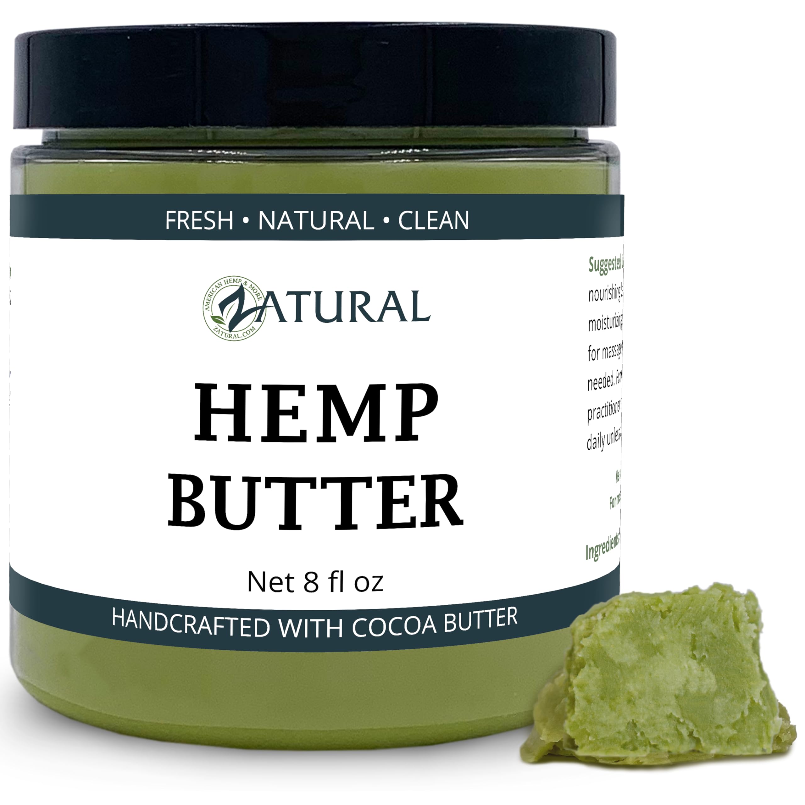 Zatural Hemp Body Butter 8oz jar, creamy hydration.