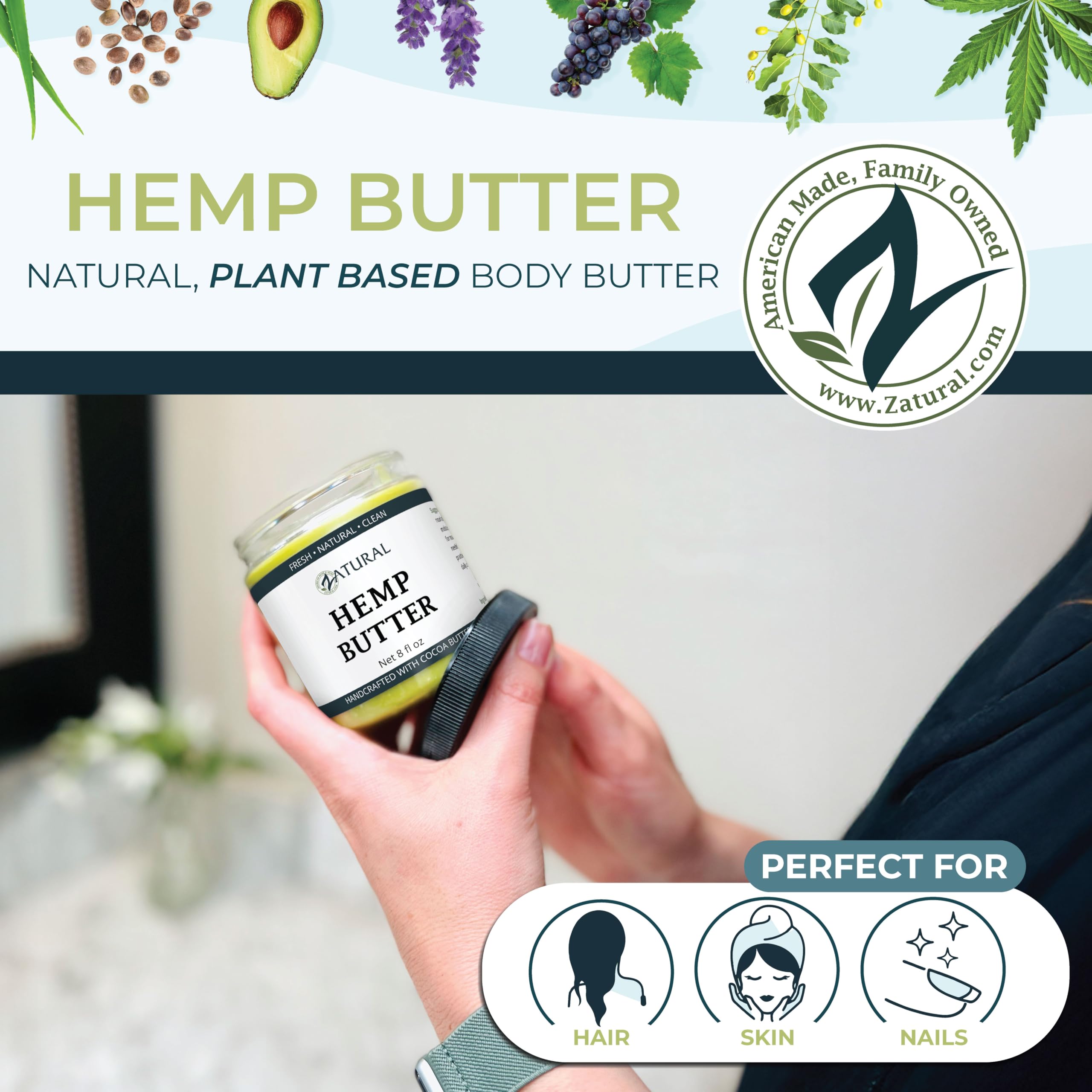 Close-up of Zatural Hemp Body Butter's silky texture.