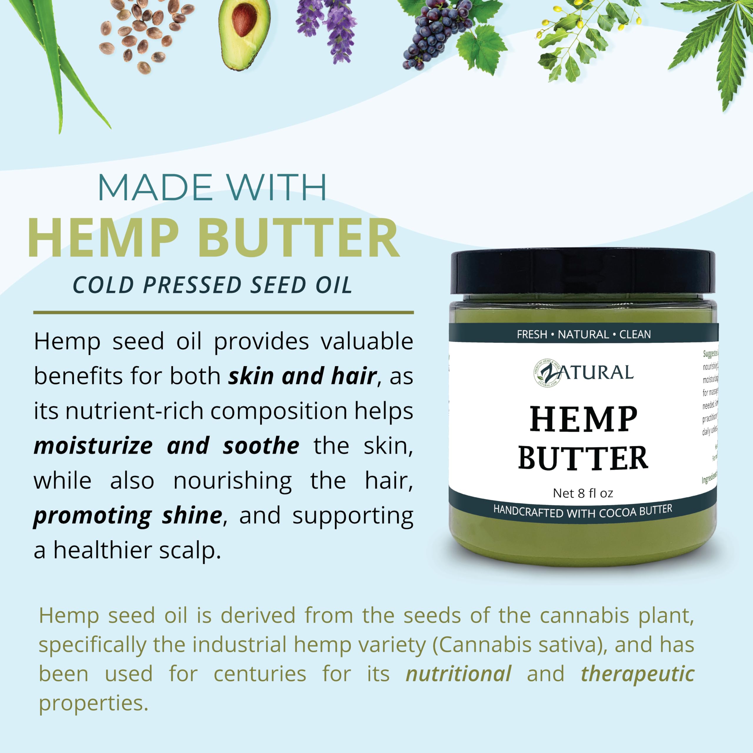 Ingredients graphic shows hemp and cocoa with omega benefits.