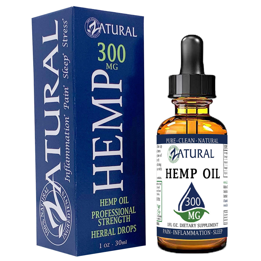Zatural hemp oil bottle with 300mg per ounce highlights vegan omegas.