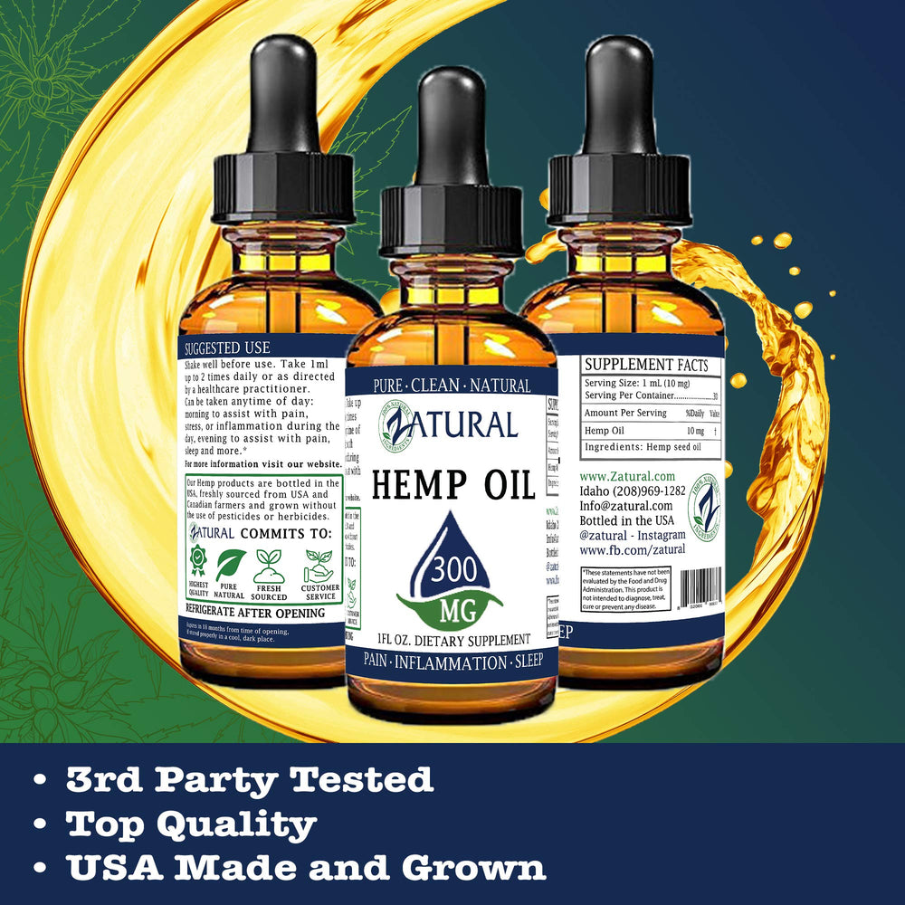 Close-up of Zatural hemp oil label showing 100% pure hemp oil and vitamin E.