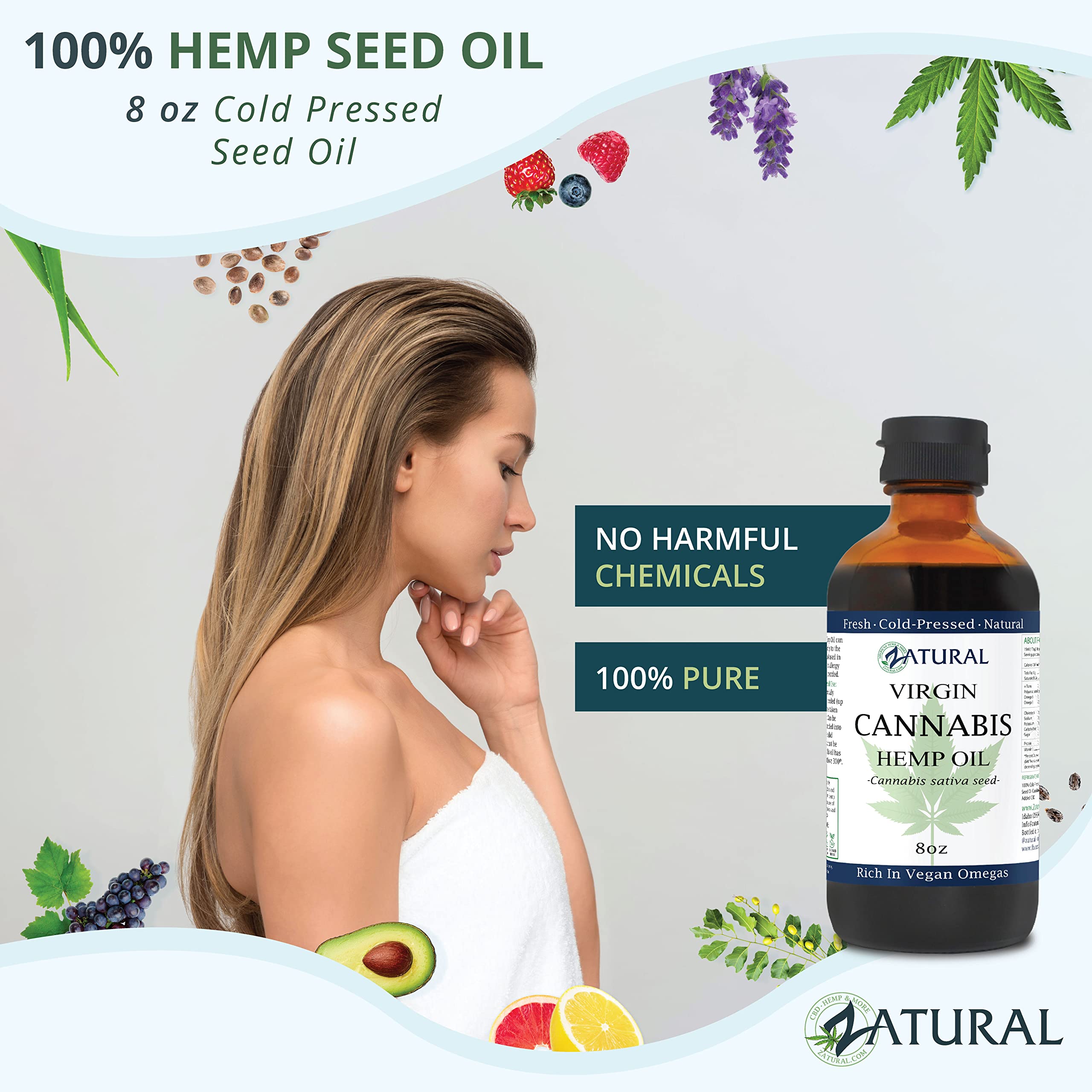 Label on Zatural Hemp Oil highlights omega content and purity.