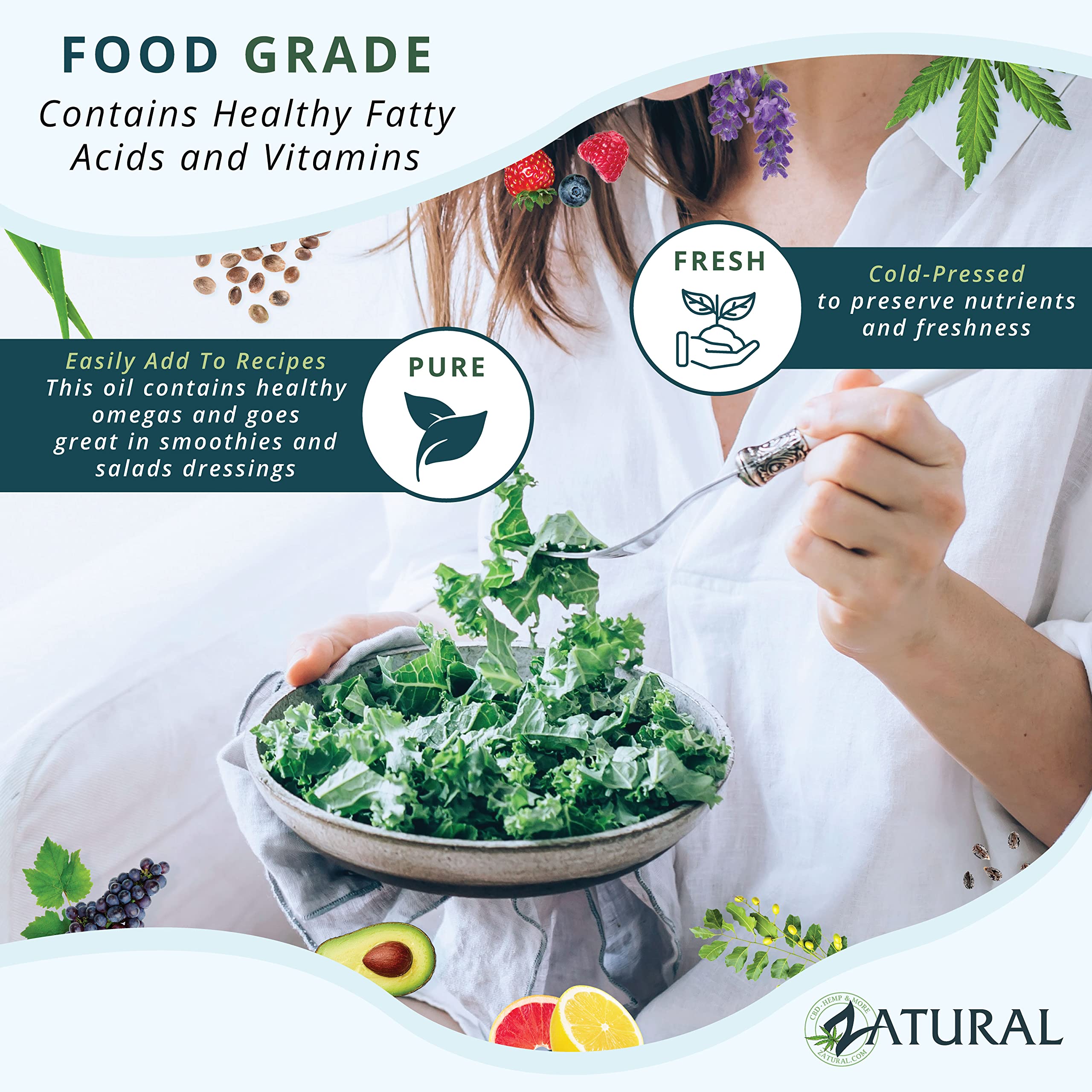 Drizzling Zatural Hemp Oil on salad to boost flavor and nutrition.