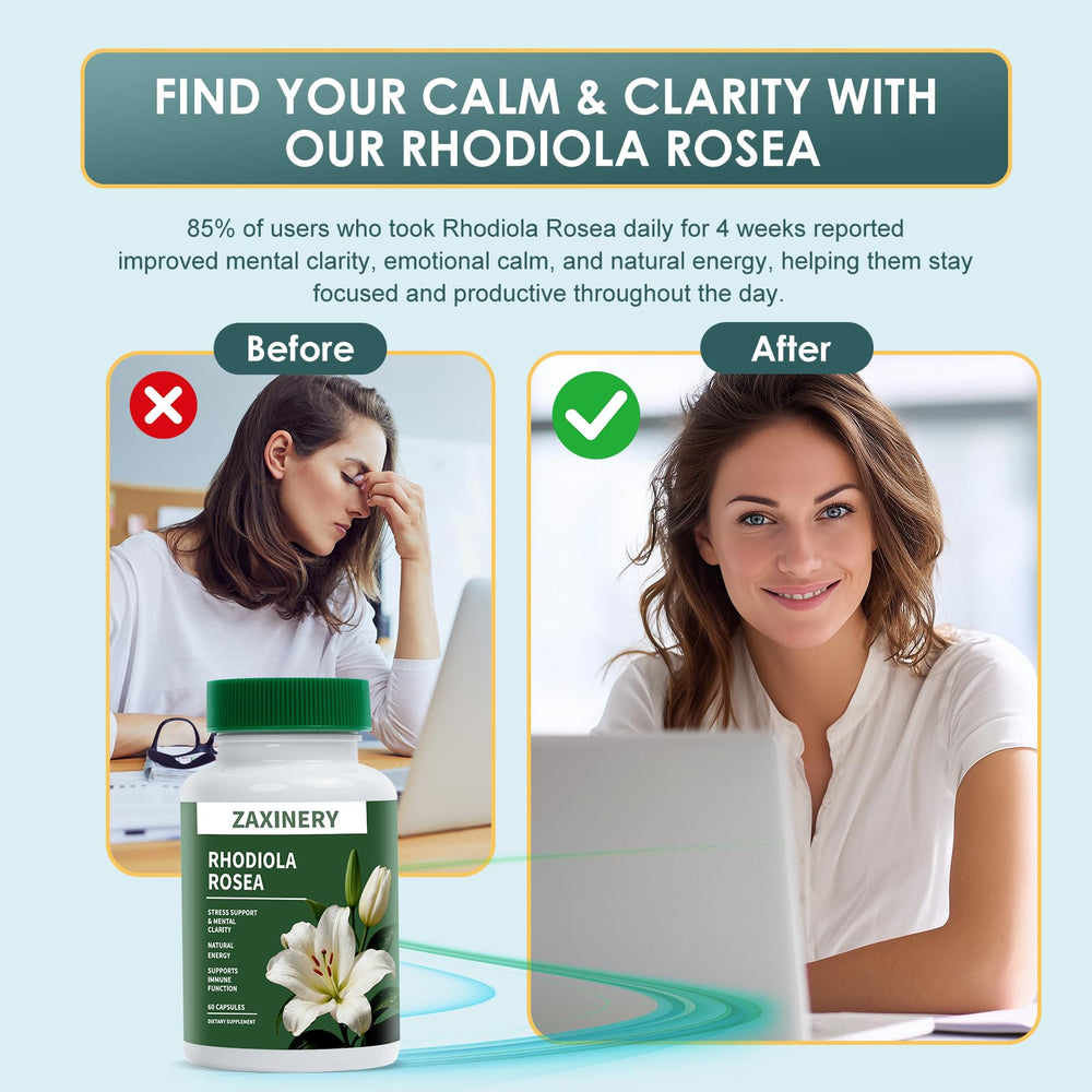 ZAXINERY Rhodiola Rosea ingredients panel emphasizes non-GMO clean formula