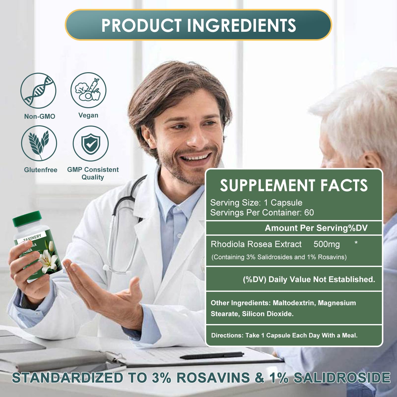 ZAXINERY Rhodiola Rosea label shows pure extract details for informed use
