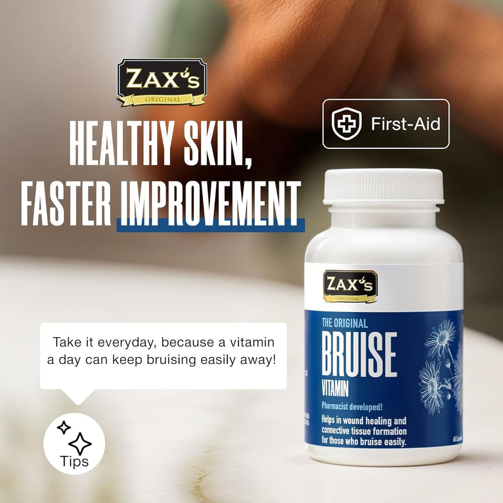 ZAX'S ORIGINAL Bruise Vitamins ingredients panel highlights Vitamin C and Citrus Bioflavonoids