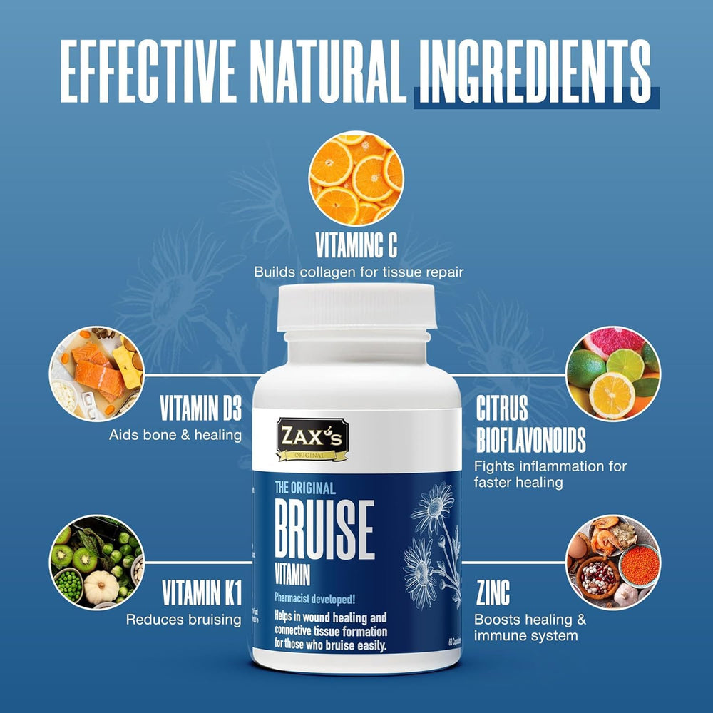ZAX'S ORIGINAL Bruise Vitamins packaging hero emphasizing pharmacist-developed skincare supplement