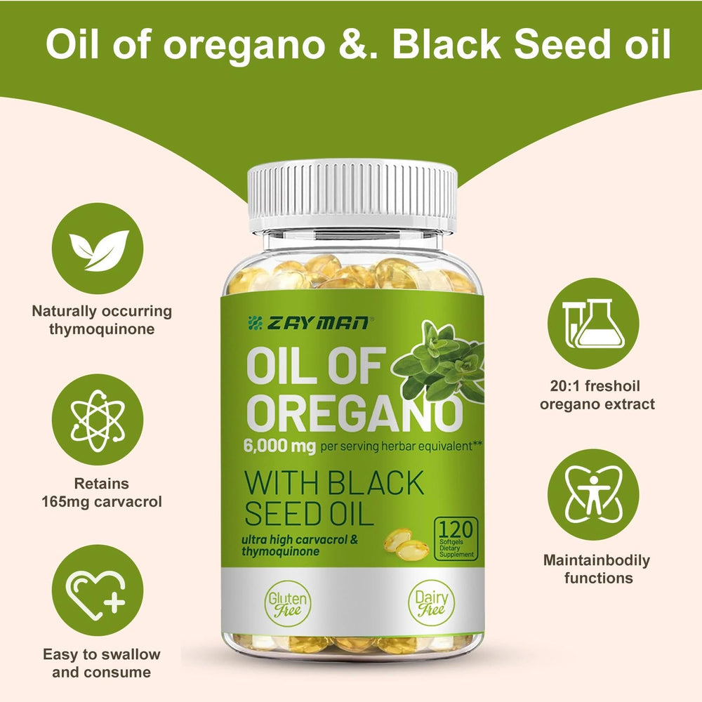 ZAYMAN Oregano Oil Softgels highlight 20:1 extract and high Carvacrol content