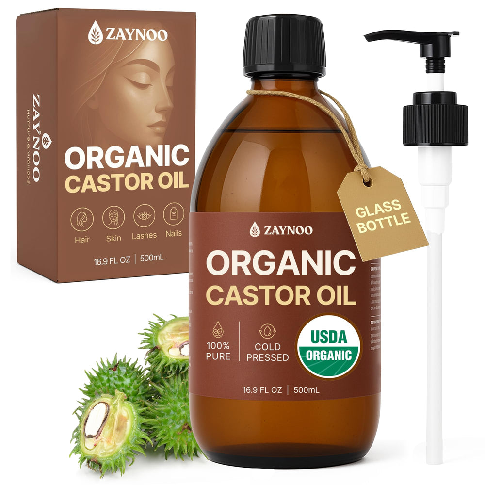 Zaynoo organic castor oil bottle with pump for easy, mess-free application.