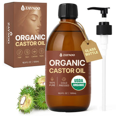 Zaynoo organic castor oil bottle with pump for easy, mess-free application.