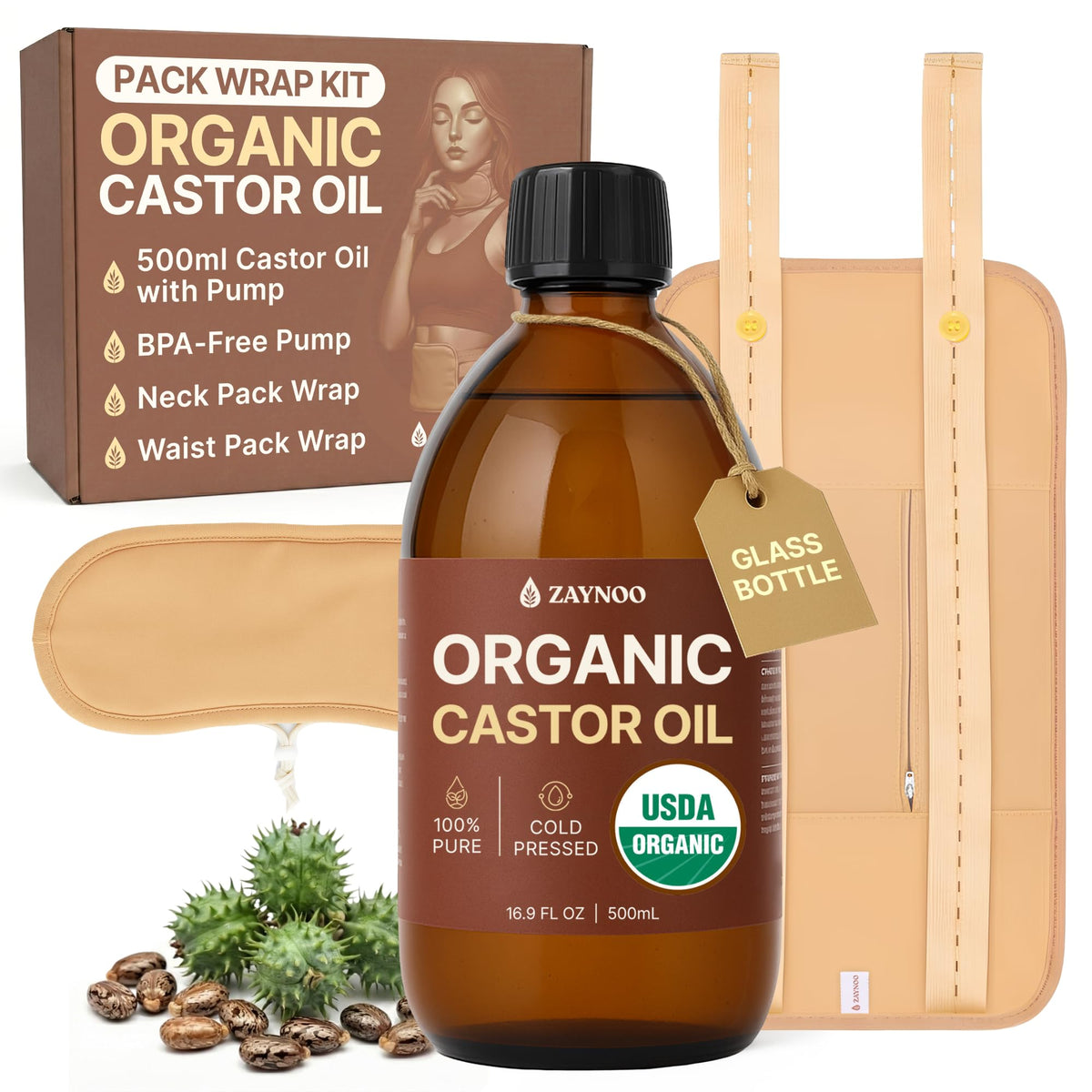 Zaynoo castor oil pack kit bottle for at-home self-care with organic, cold-pressed oil for soothing routines.