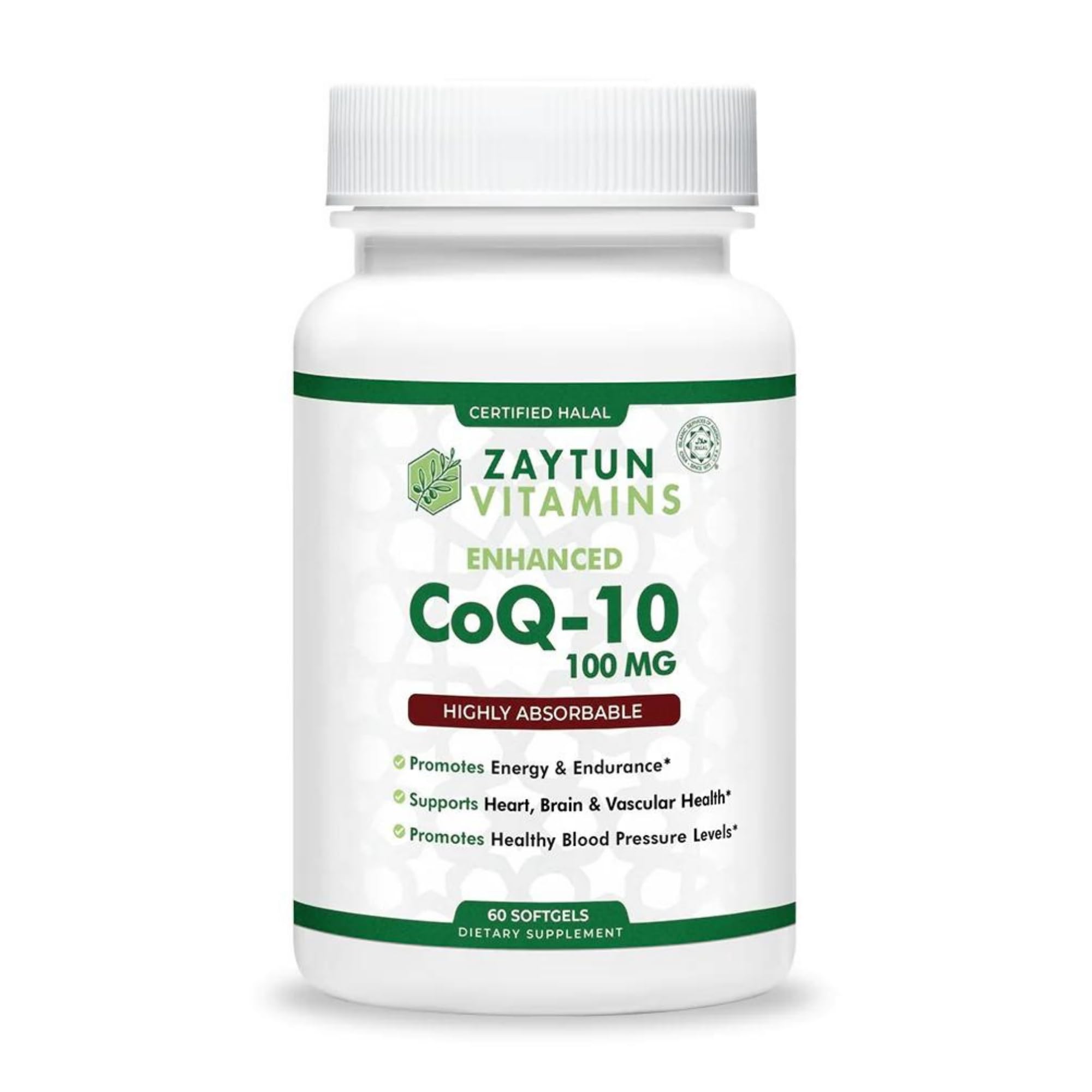 Zaytun Halal CoQ10 mini softgels in a bottle provide daily energy support.