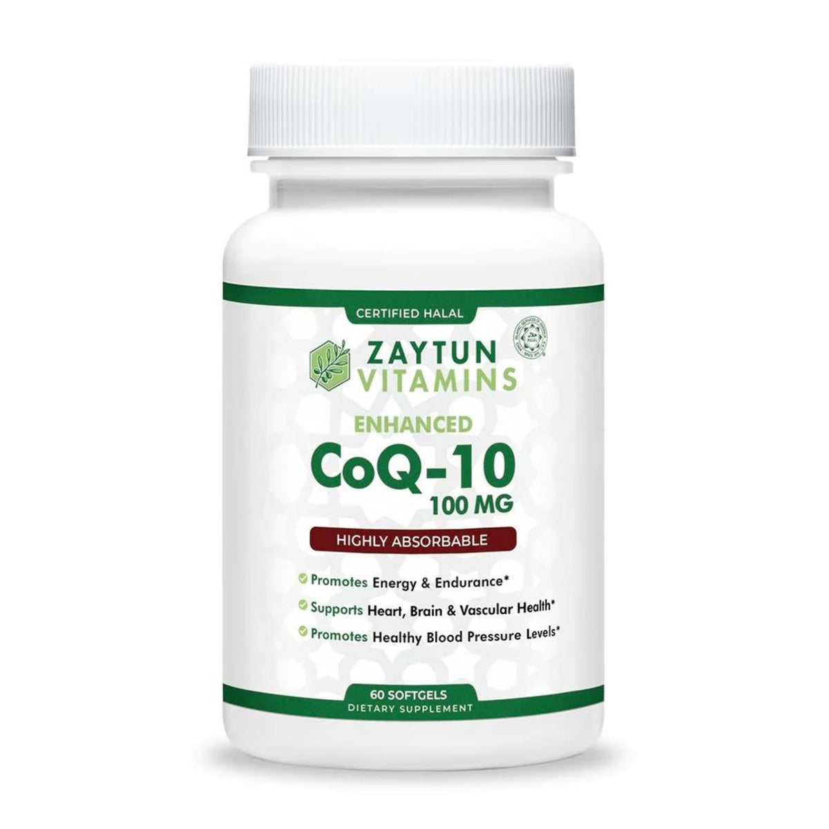 Zaytun Halal CoQ10 mini softgels in a bottle provide daily energy support.