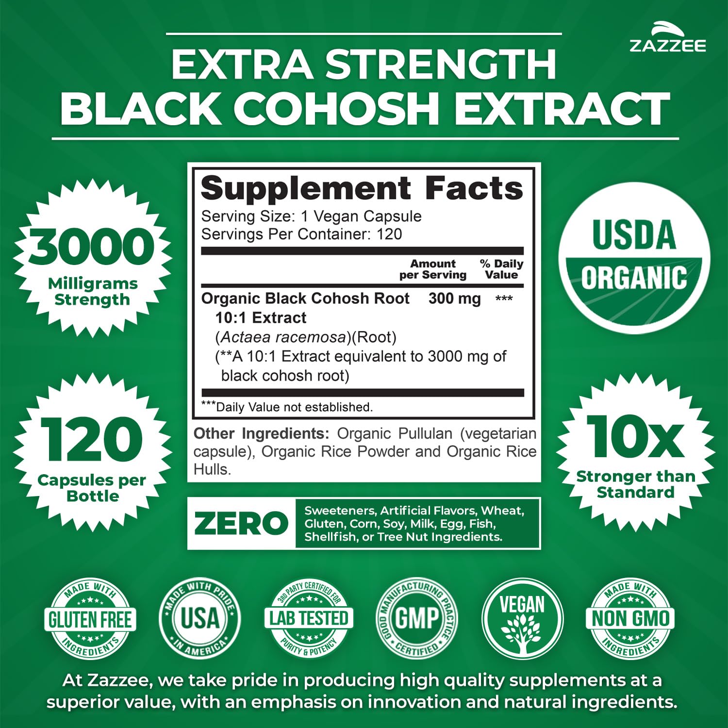 Zazzee capsule label highlights 3000 mg strength per capsule