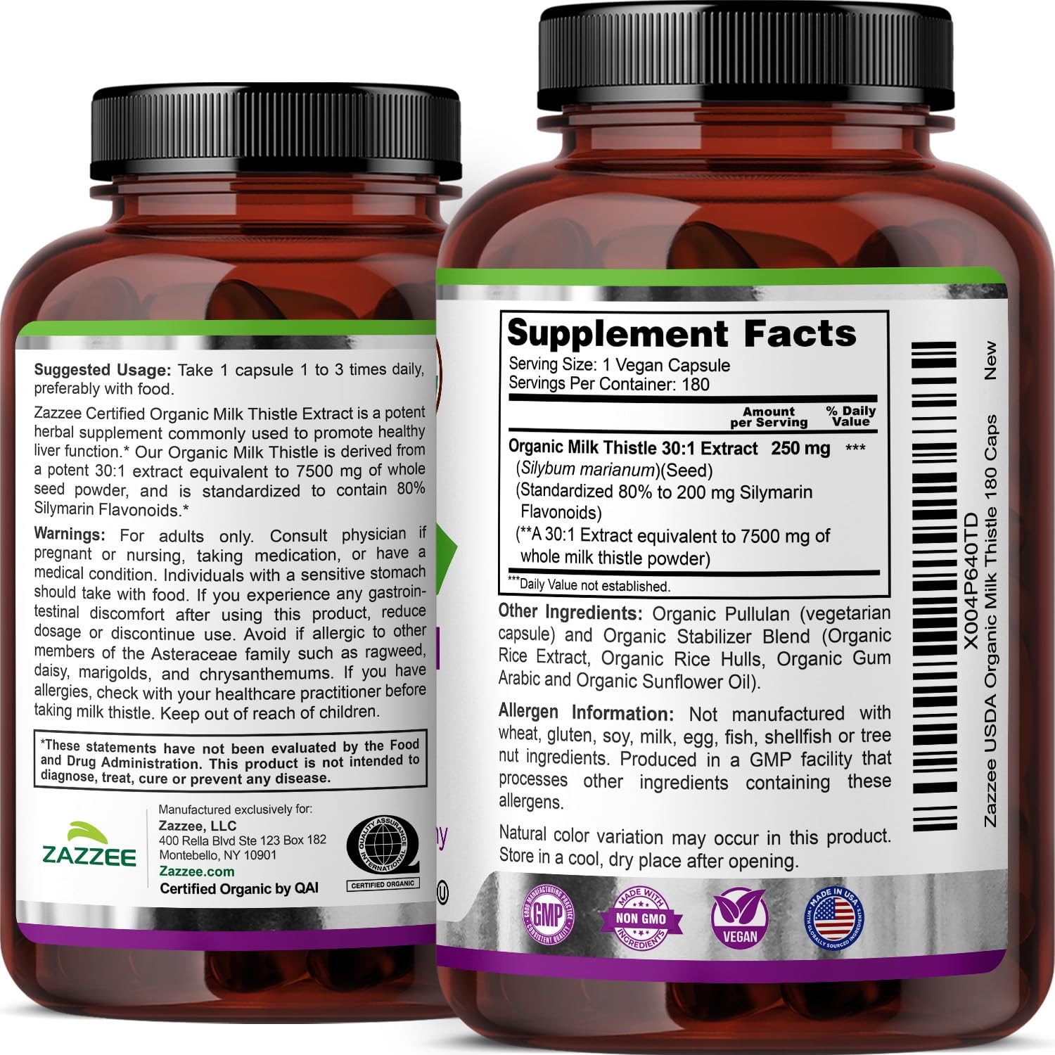 Zazzee 80% silymarin flavonoids detail on label
