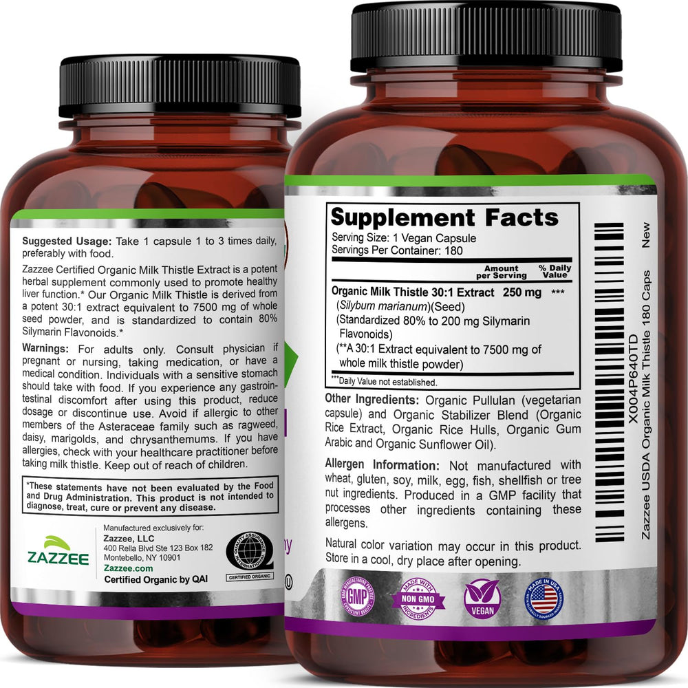 Zazzee 80% silymarin flavonoids detail on label