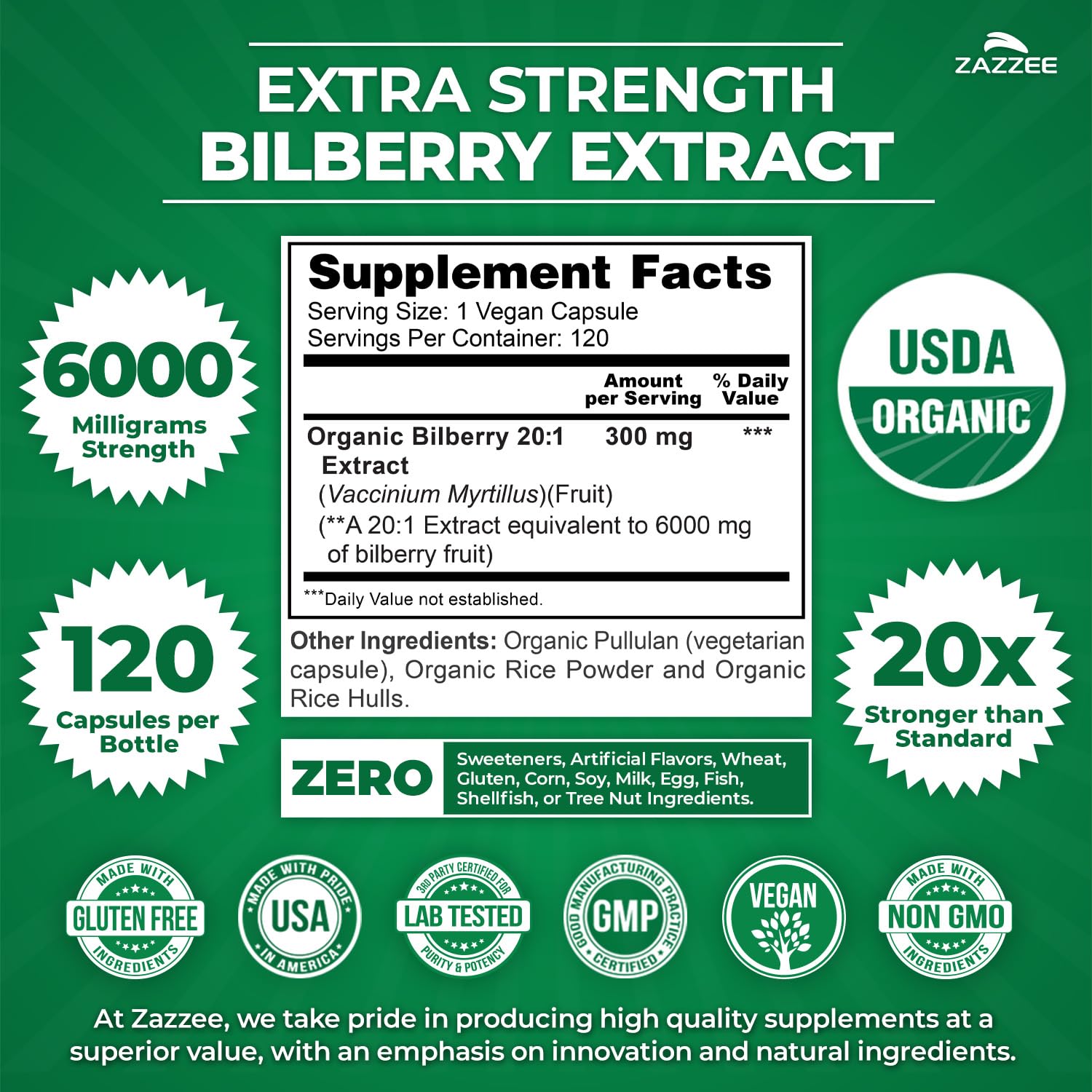 Zazzee Bilberry 20x extract bottle side highlights organic certifications.