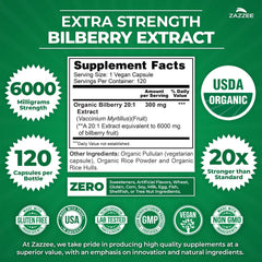 Zazzee Bilberry 20x extract bottle side highlights organic certifications.
