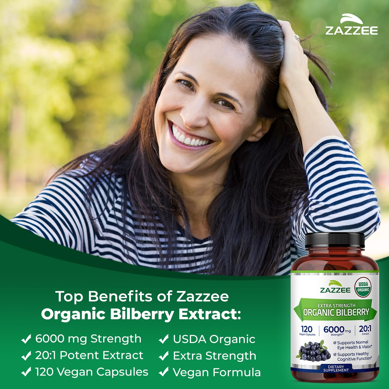 Zazzee Bilberry 20x extract capsules top shows neat vegan capsules.