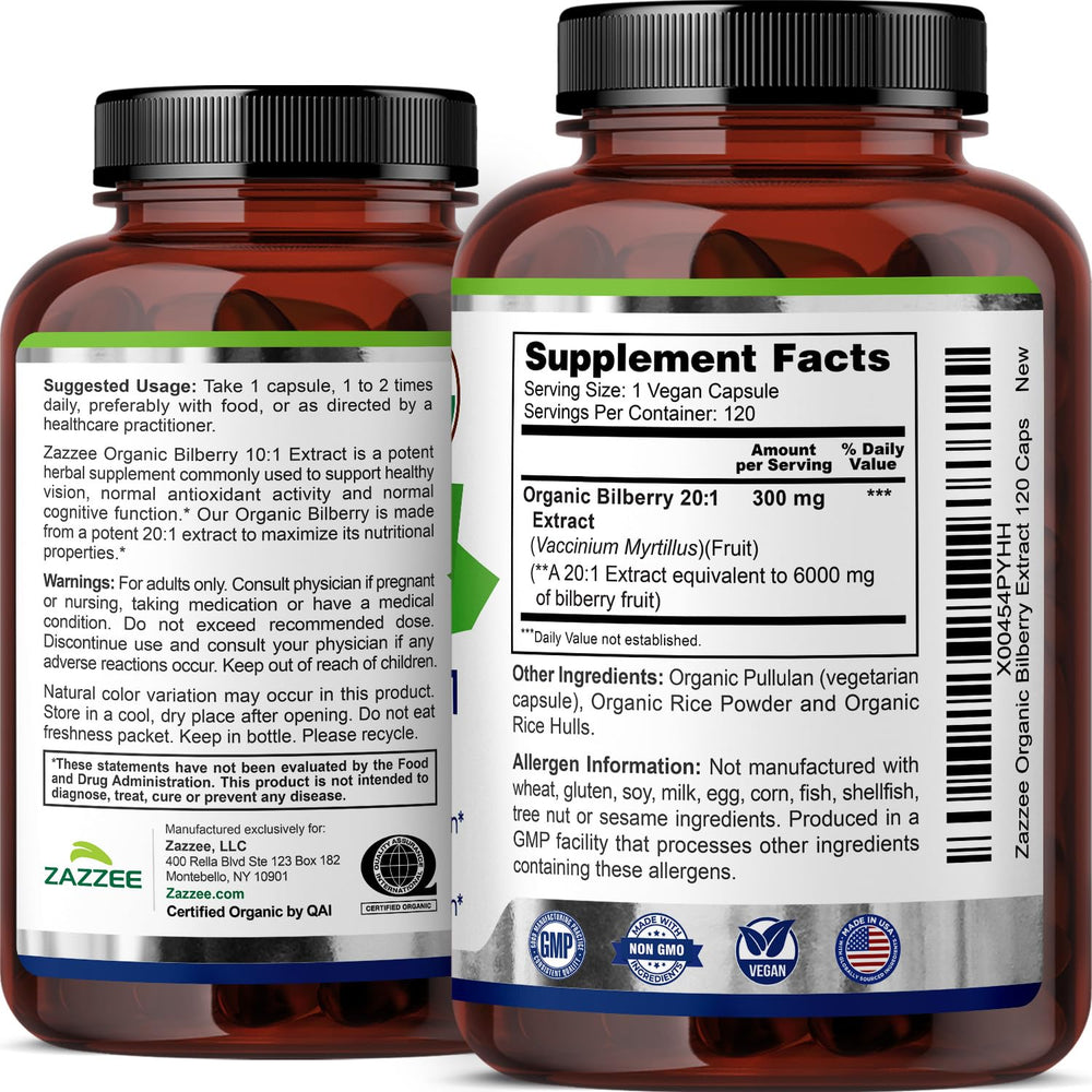 Zazzee Bilberry 20x extract USA-made stamp signals trusted production.