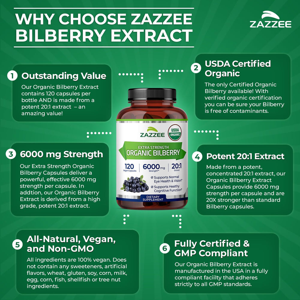 Zazzee Bilberry 20x extract vegan symbol on label reflects plant-based formula.