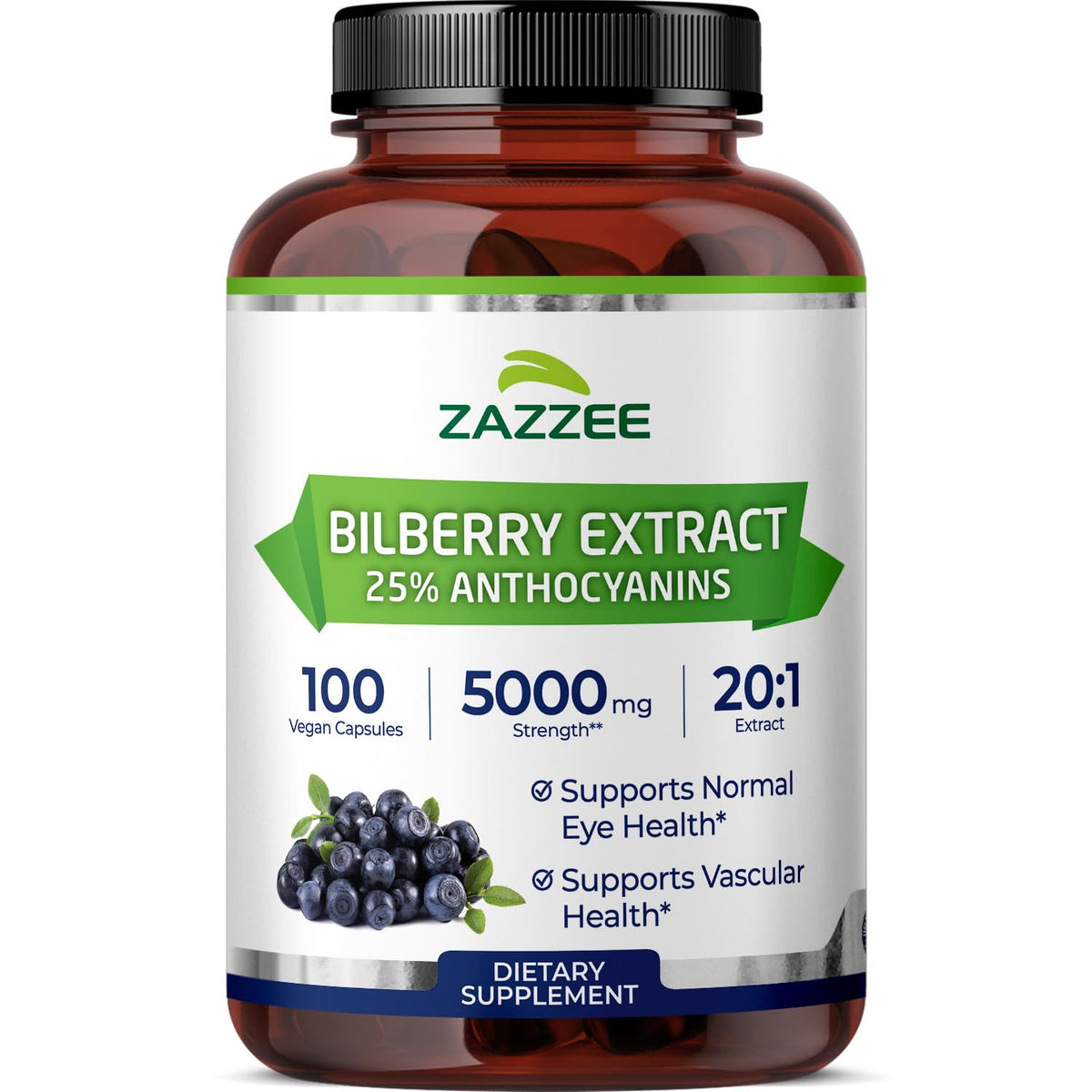Zazzee bilberry extract bottle showing 20:1 potency for daily eye support