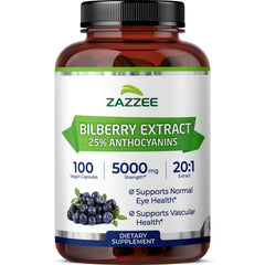 Zazzee bilberry extract bottle showing 20:1 potency for daily eye support
