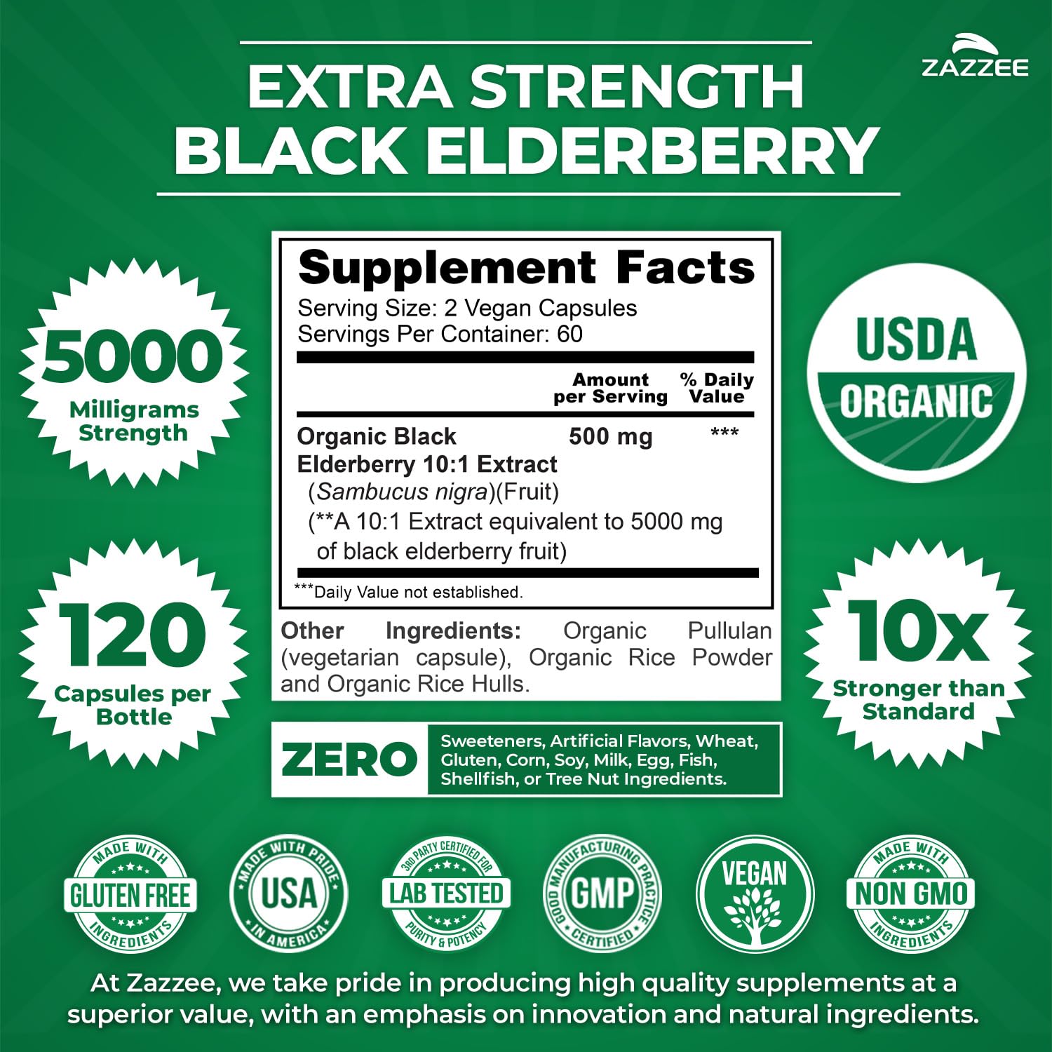 Zazzee black elderberry capsules pack-shot emphasizes convenient two-month supply for ongoing use.