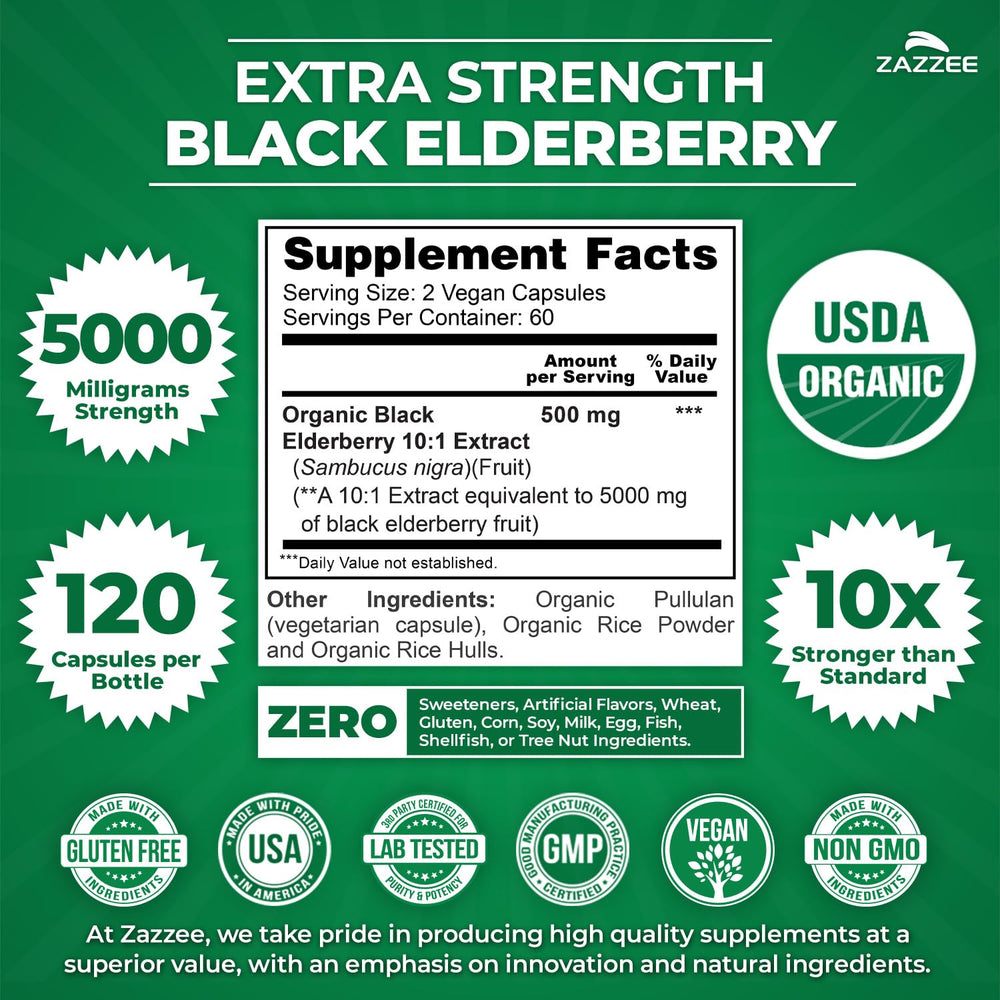 Zazzee black elderberry capsules pack-shot emphasizes convenient two-month supply for ongoing use.