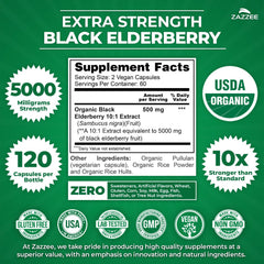 Zazzee black elderberry capsules pack-shot emphasizes convenient two-month supply for ongoing use.