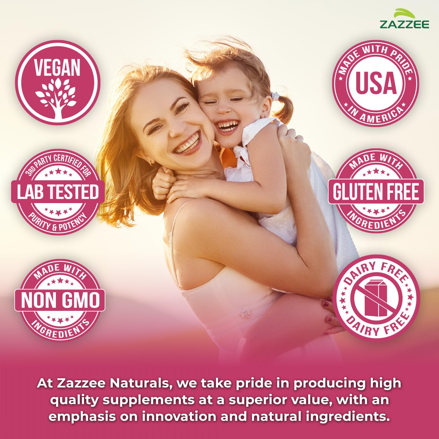 Zazzee bottle with dosage guide on countertop for easy use.