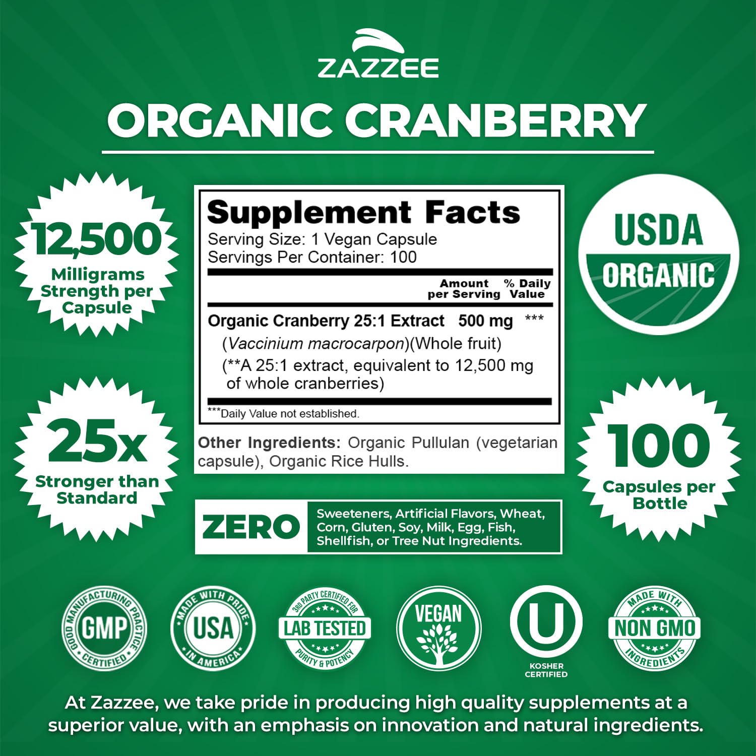 Zazzee Organic cranberry label—trustworthy organic source for pure capsules.