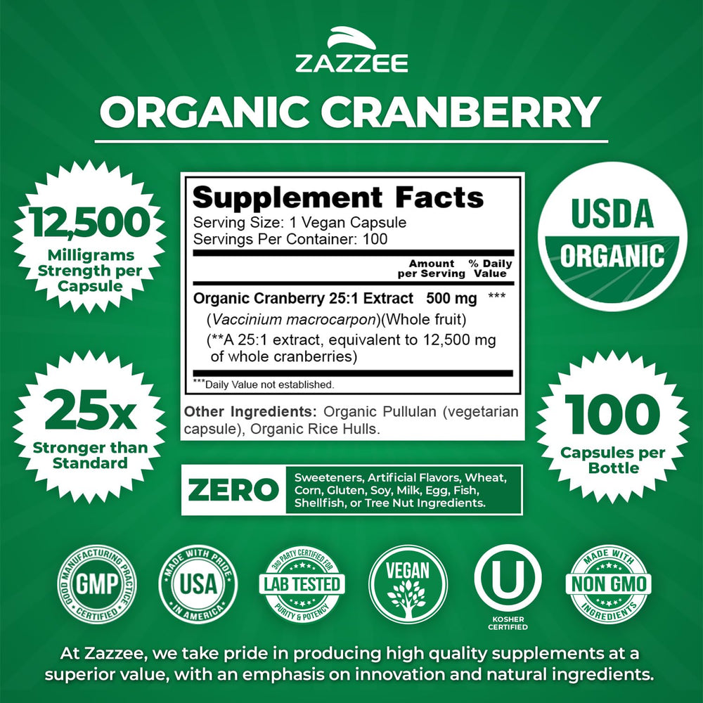 Zazzee Organic cranberry label—trustworthy organic source for pure capsules.