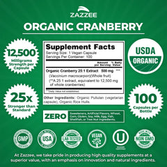 Zazzee Organic cranberry label—trustworthy organic source for pure capsules.