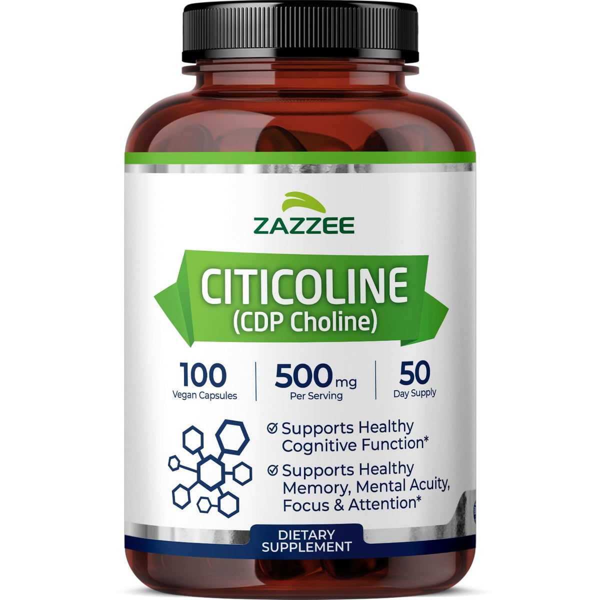 Zazzee Citicoline bottle front label highlights 500 mg per serving for daily focus