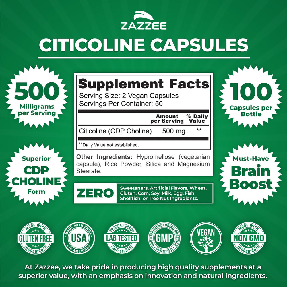 Zazzee Citicoline capsules visible and vegan-friendly for easy swallowing