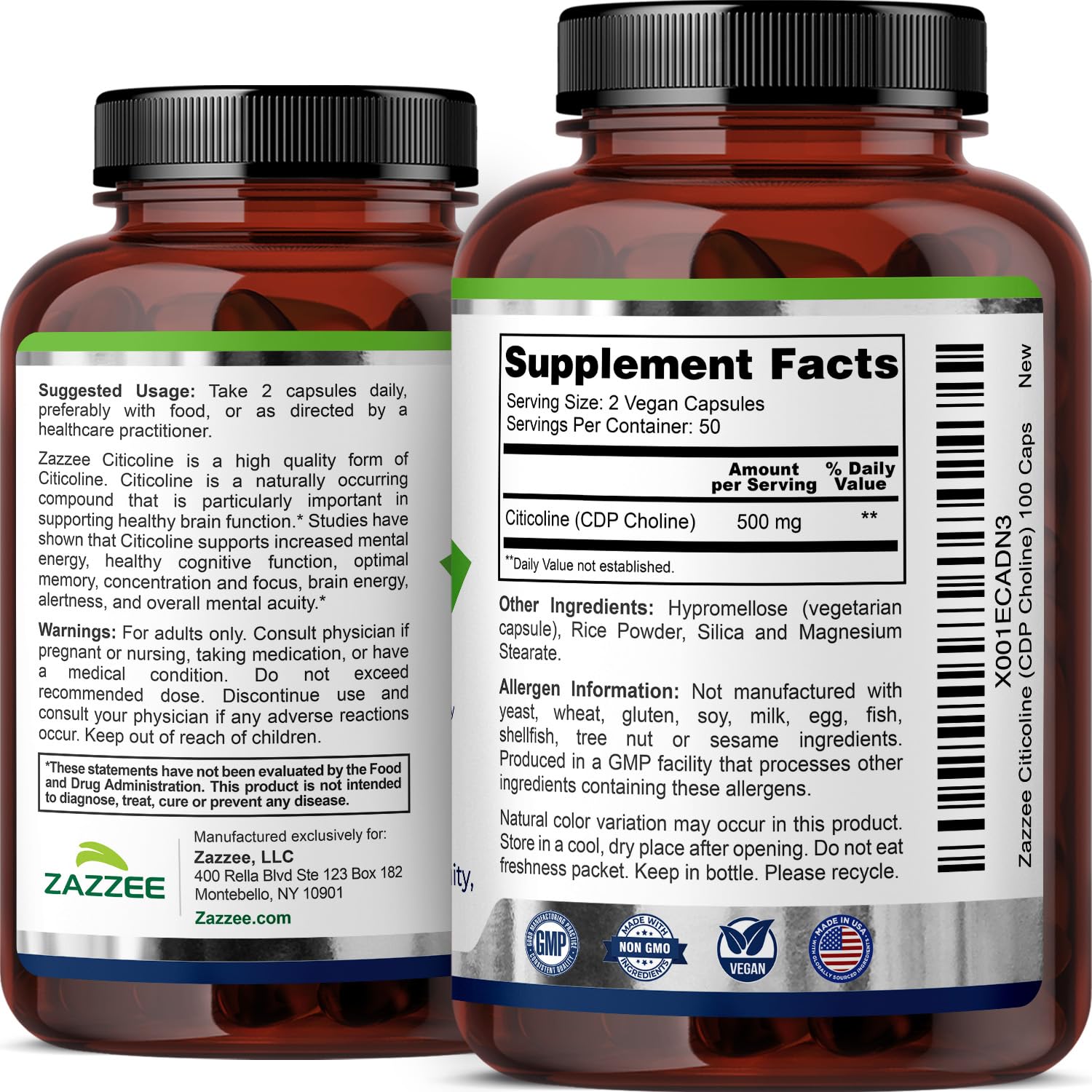 Zazzee Citicoline label closeup showing CDP Choline form