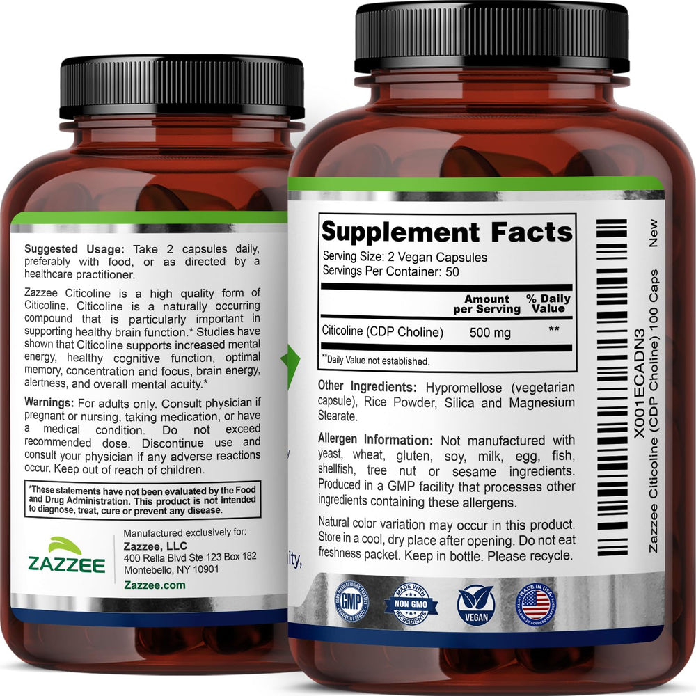 Zazzee Citicoline label closeup showing CDP Choline form