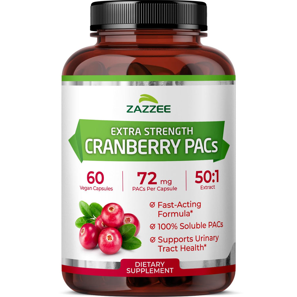 Zazzee Cranberry PACs bottle with label and 60 capsules for daily support.