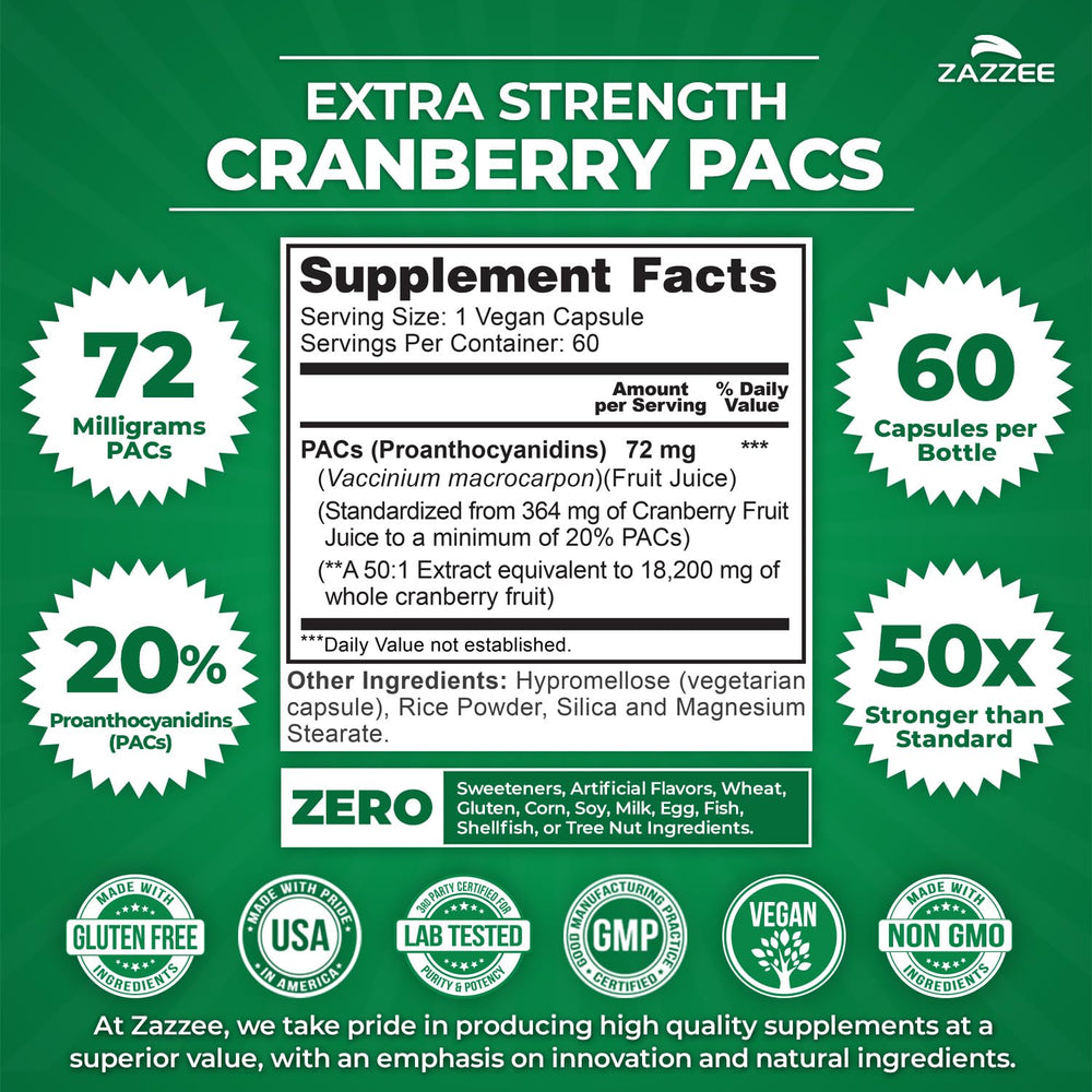 Close-up of Zazzee Cranberry PACs capsules showing 72 mg PACs per serving.