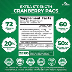 Close-up of Zazzee Cranberry PACs capsules showing 72 mg PACs per serving.